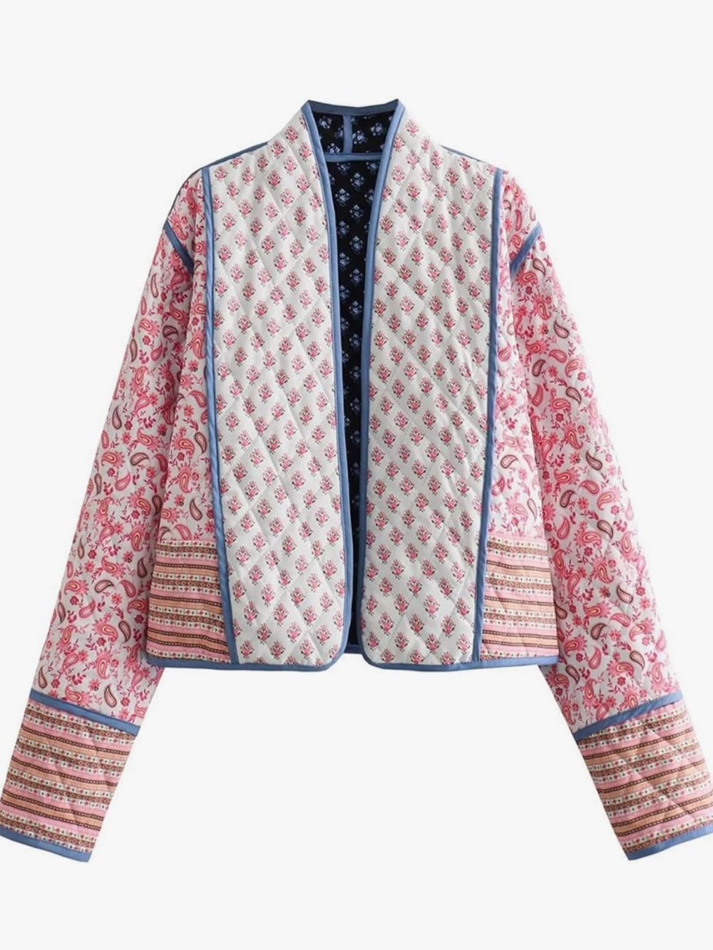 Patchwork Quilted Open-Front  Reversible Jacket